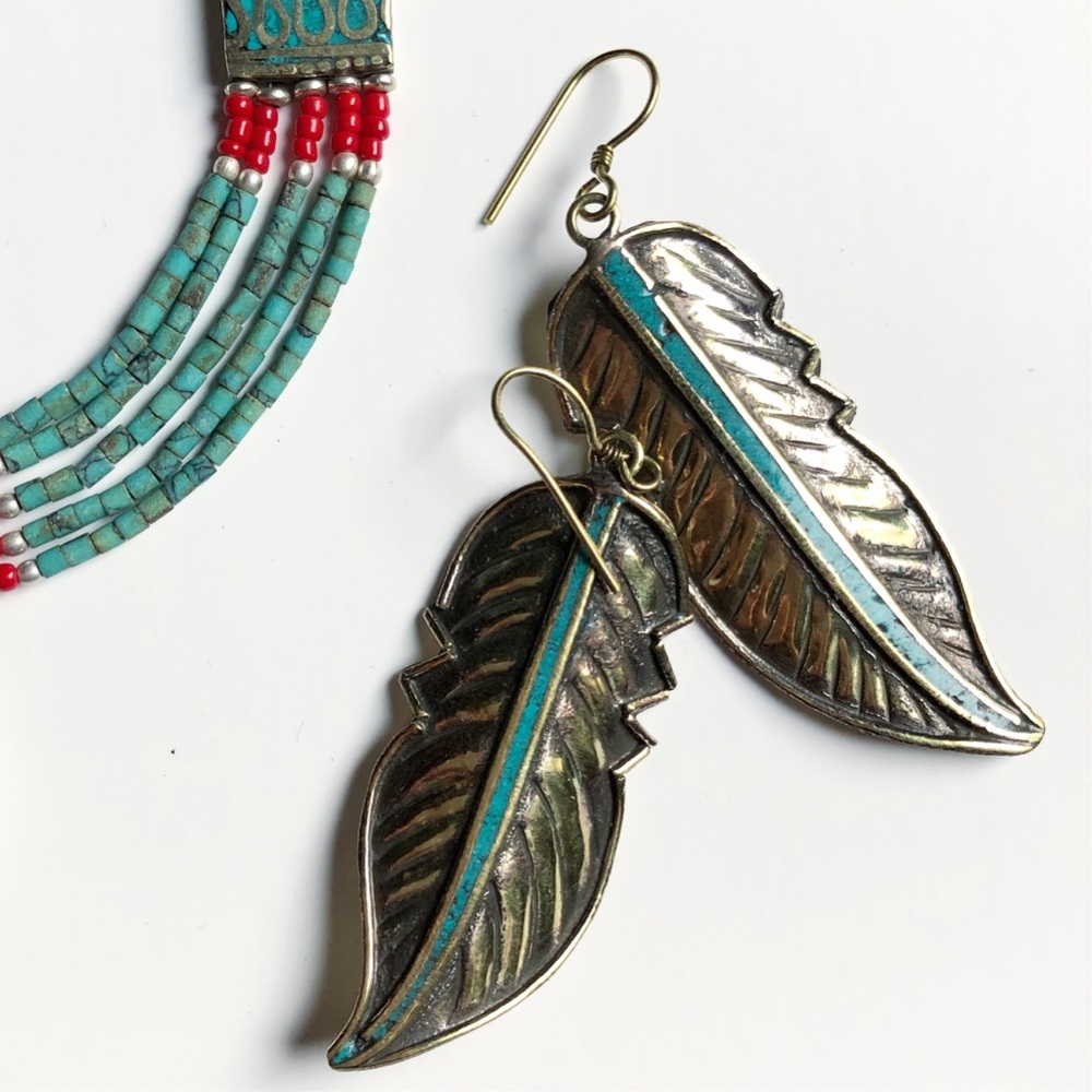Tibetan Turquoise Inlay Feather Brass Earrings
